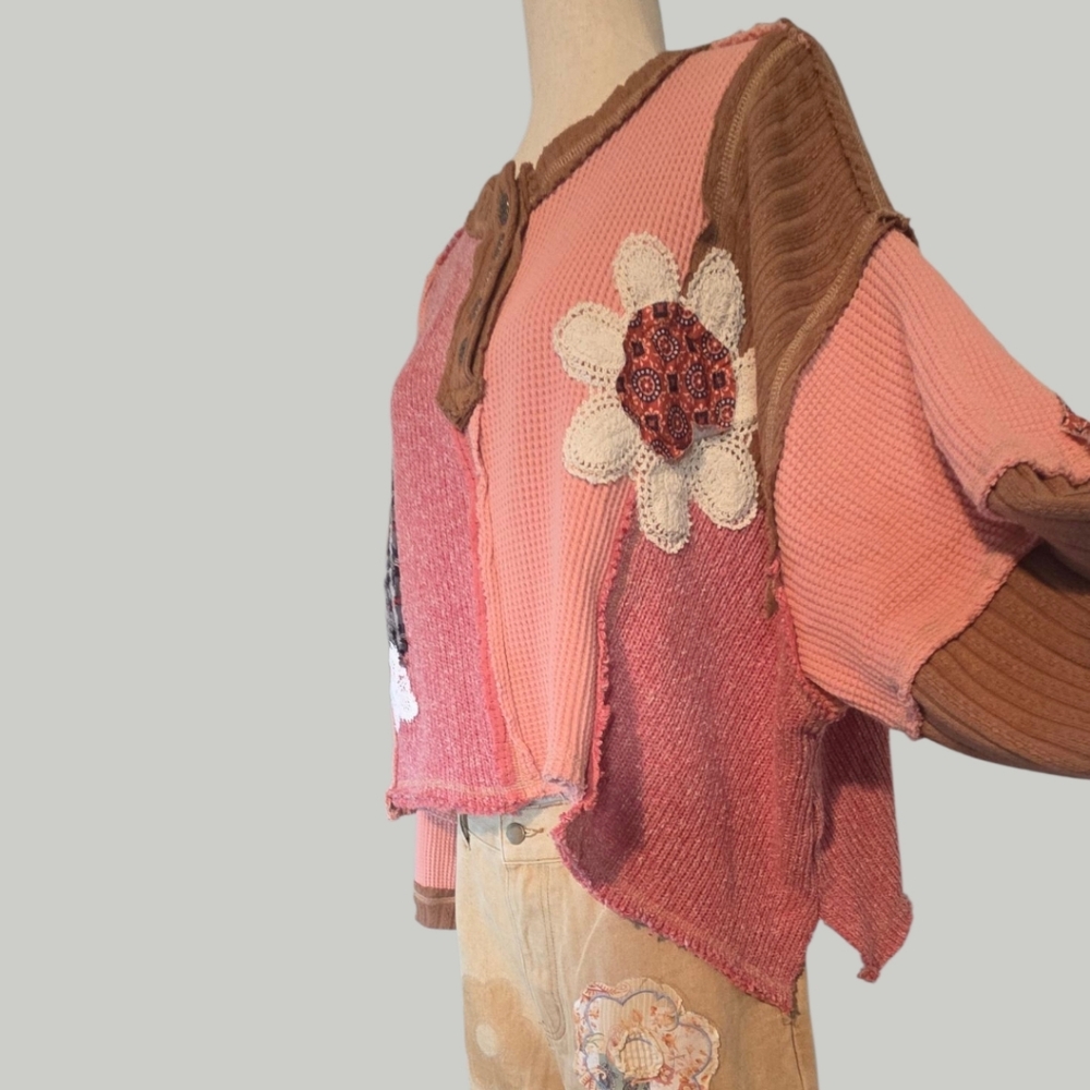 Pol New Cropped Patchwork Waffle Knit Sweater Pin… - image 2